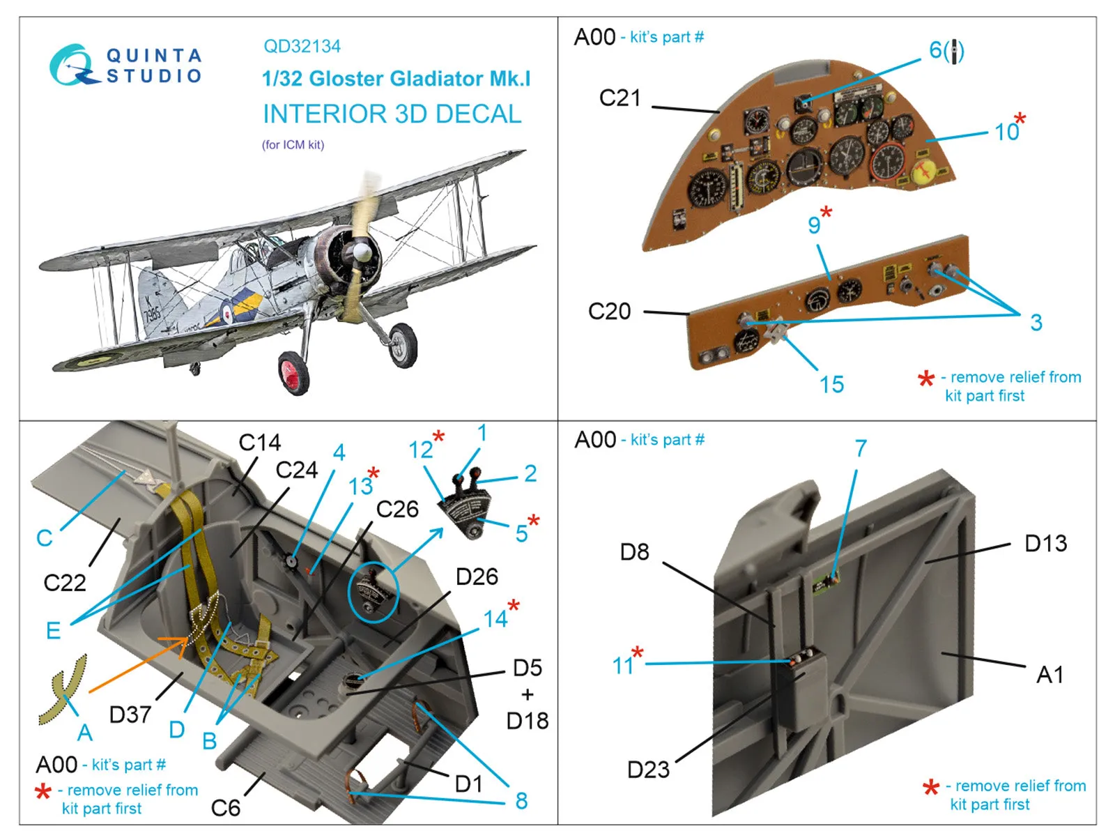 1/32 Quinta Studio Gloster Gladiator Mk I 3D-Printed Interior (for ICM kit) 32134