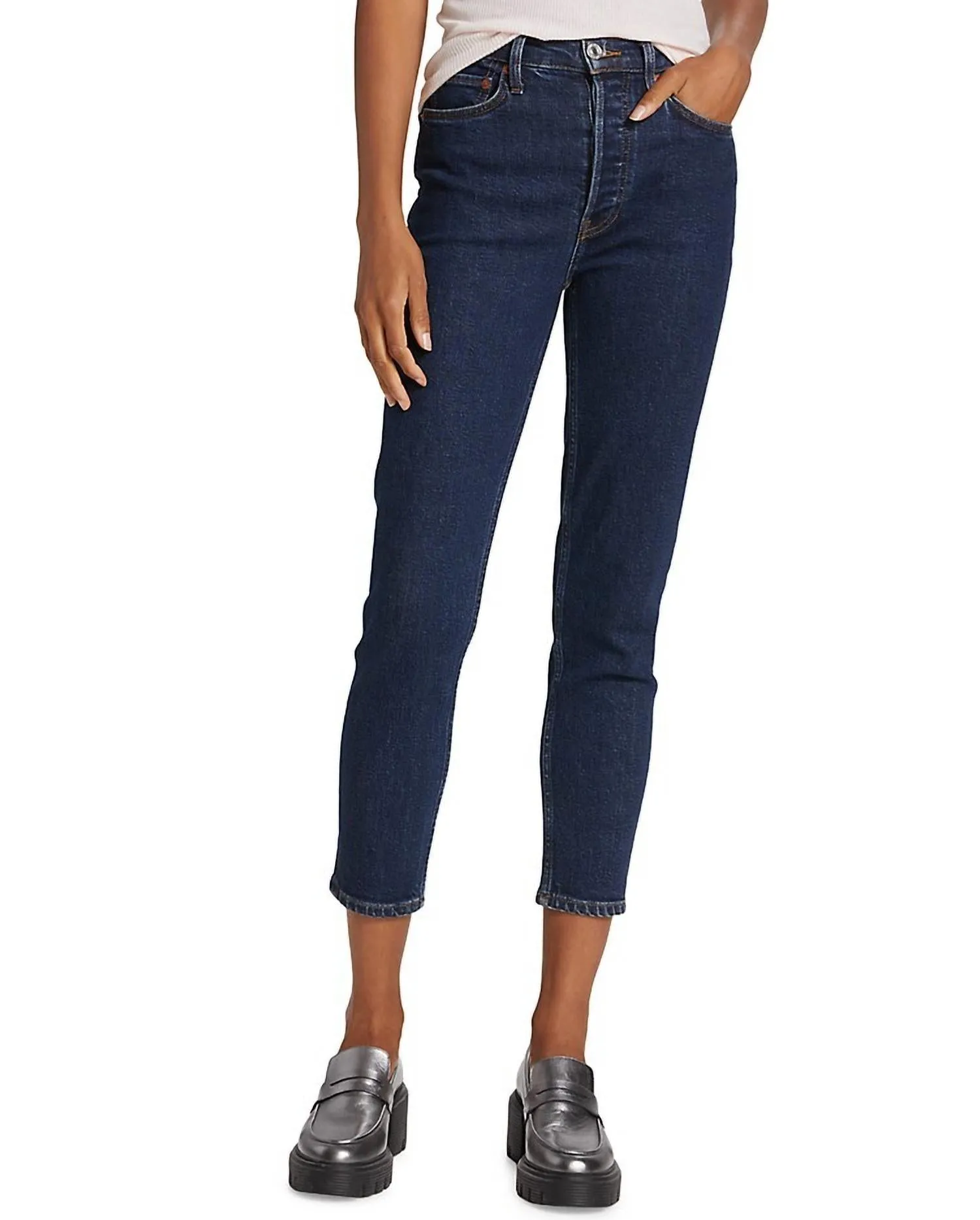 70S Stove Pipe Dark Rinse 5 Pocket Style Cropped Denim Jeans