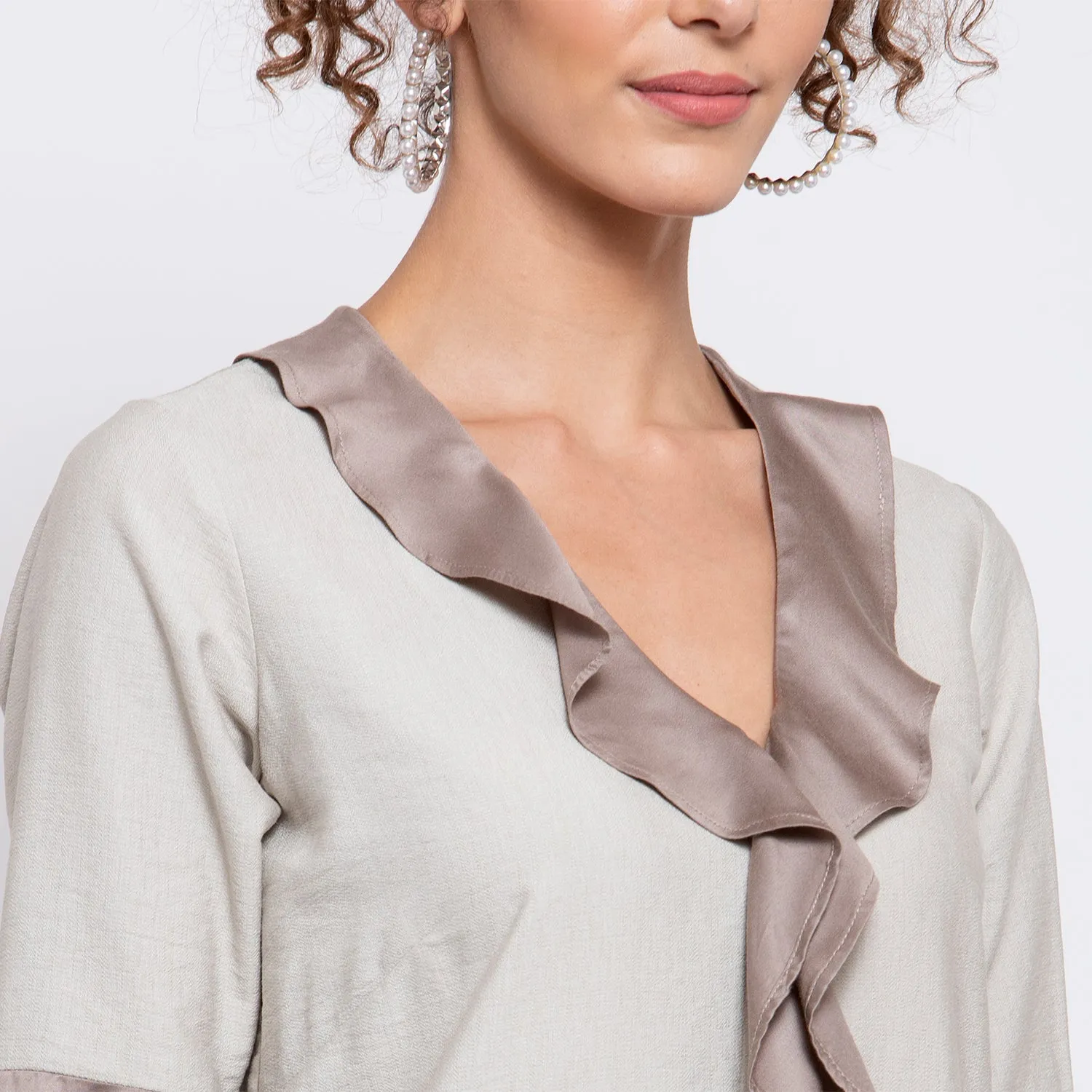 Beige Linen Frill Dress With Sequins Embroidery At Bottom