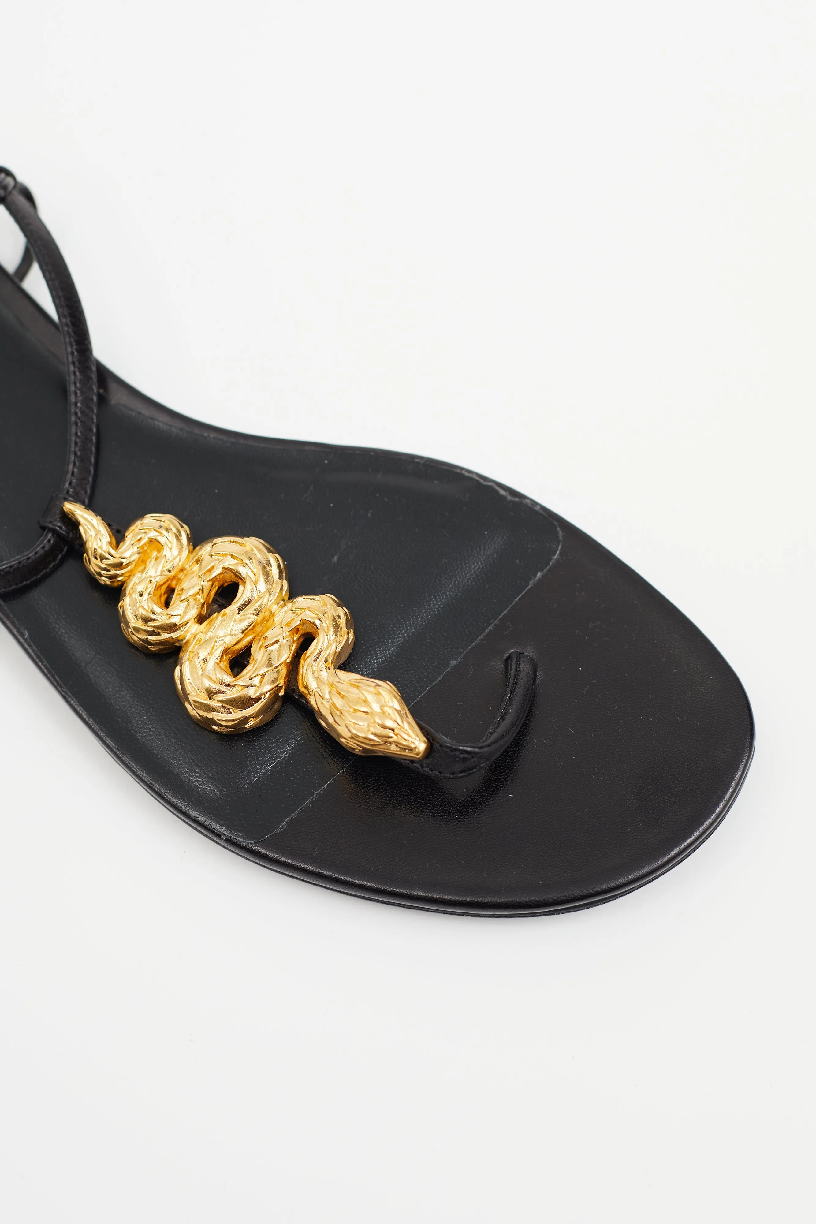 Black Leather Embellished Flat Sandal