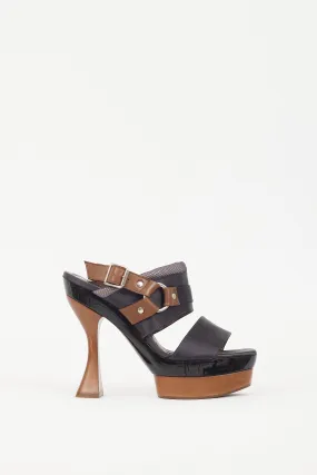 Black Satin & Brown Wooden Platform Sandal