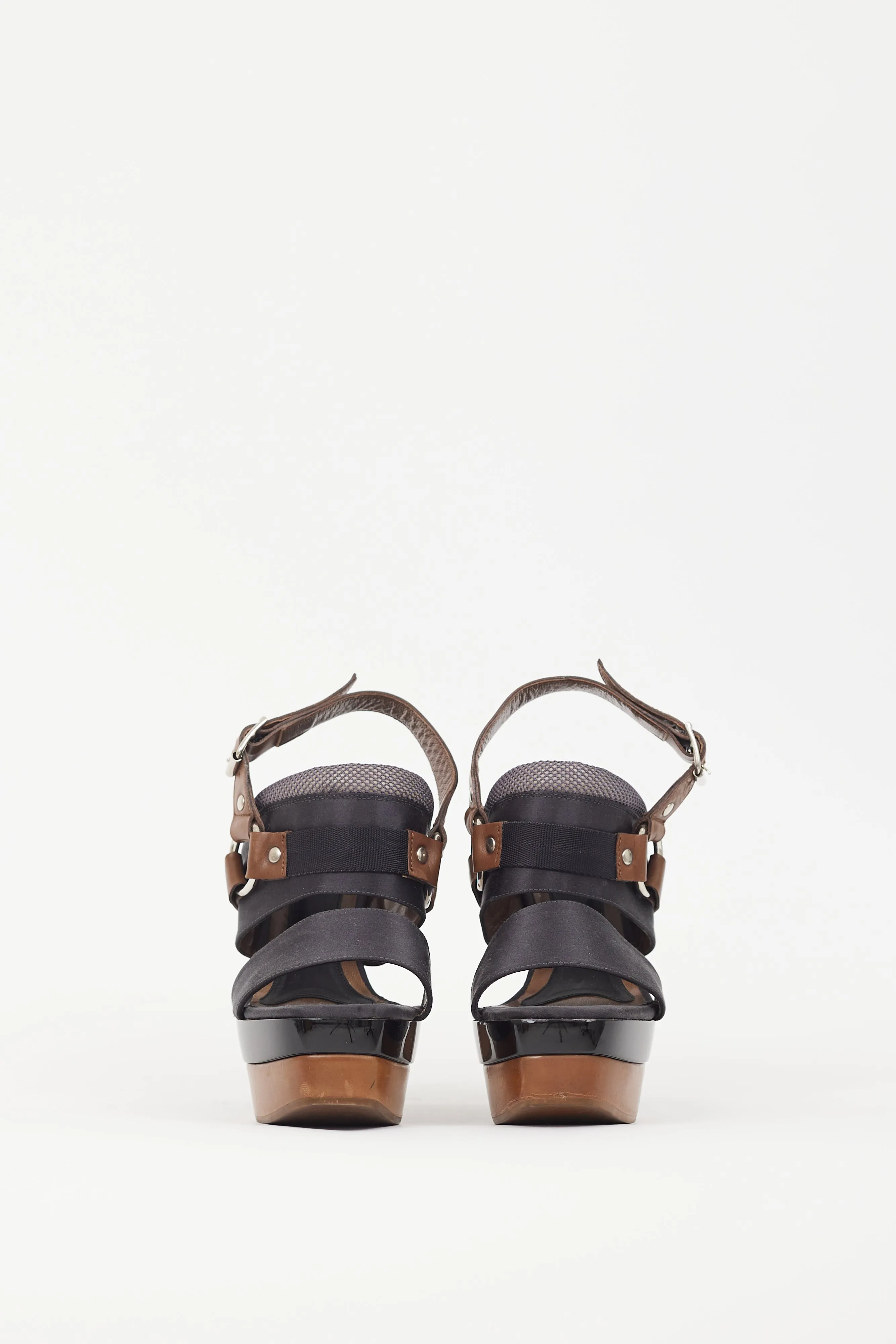 Black Satin & Brown Wooden Platform Sandal