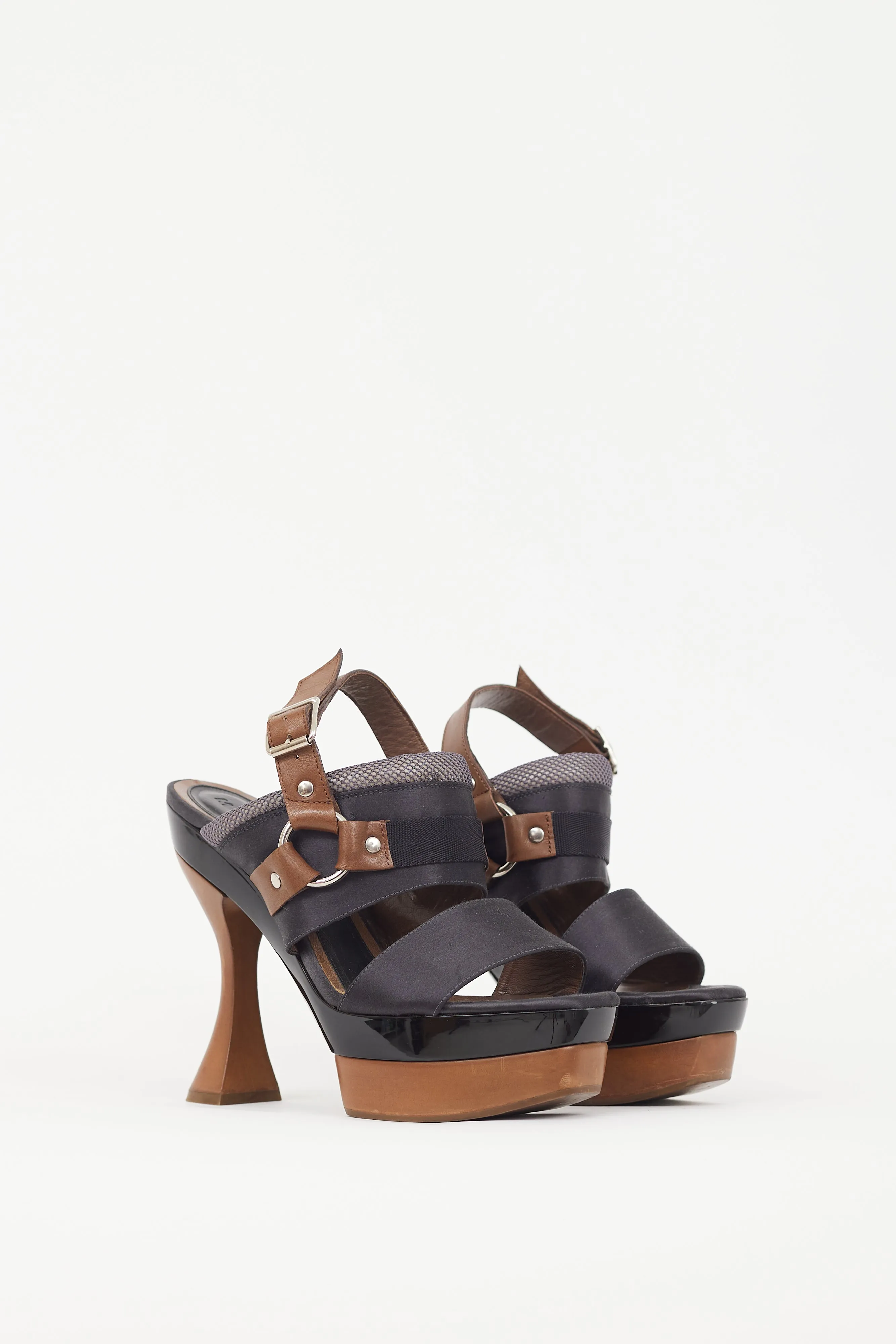 Black Satin & Brown Wooden Platform Sandal