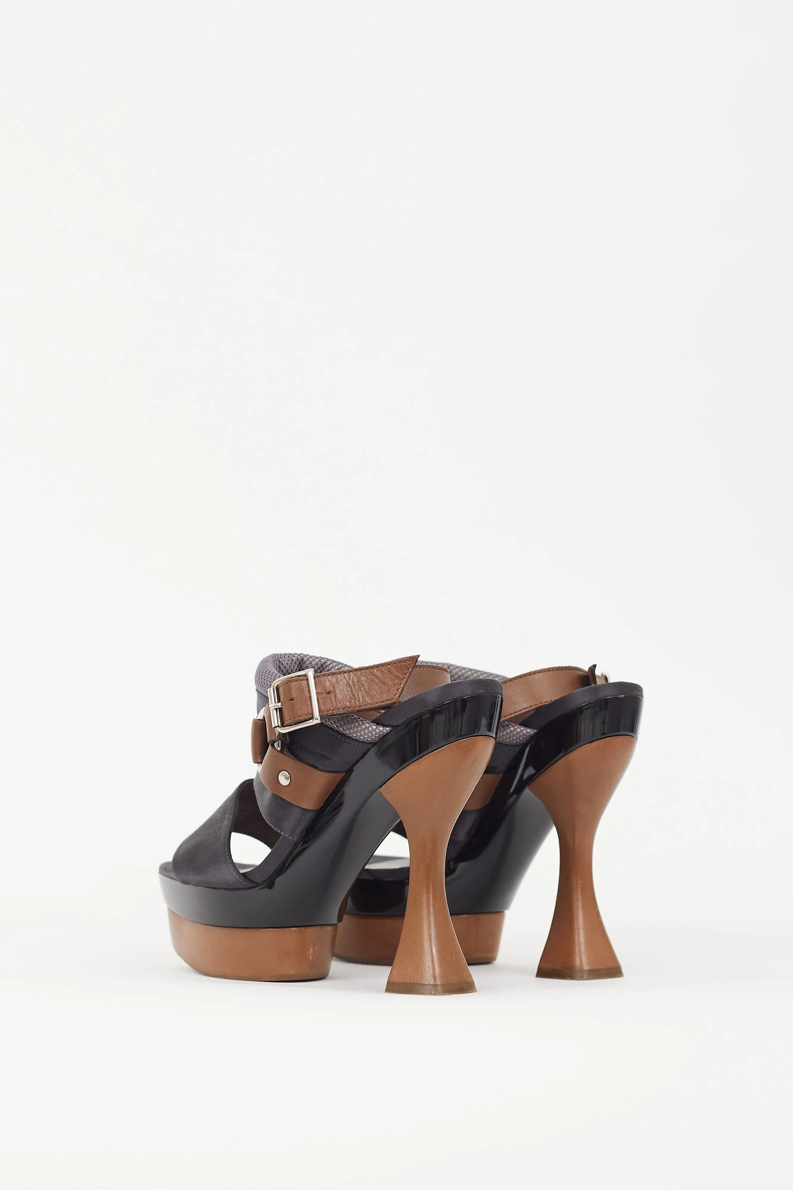 Black Satin & Brown Wooden Platform Sandal