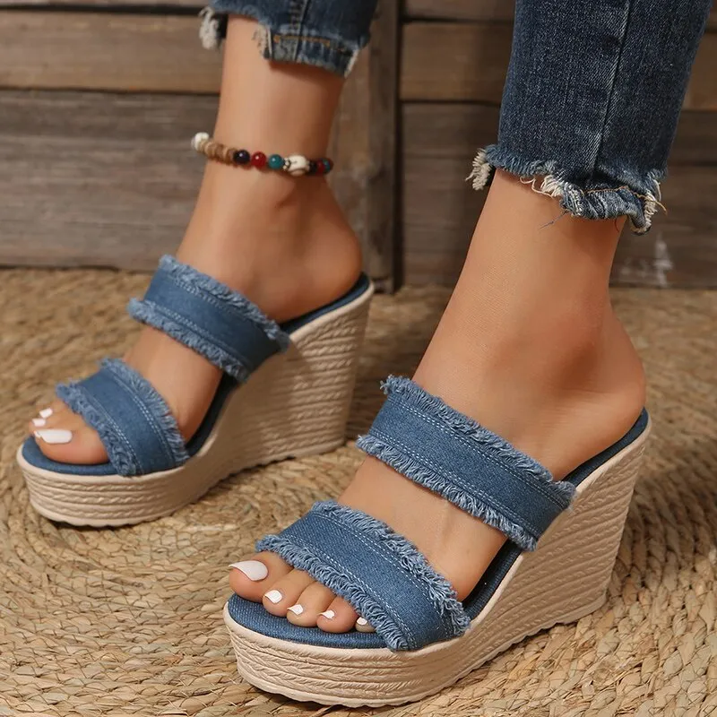 Fashion Denim Blue Wedges Sandals Women Summer  Chunky Platform Heeled Sandals Woman Plus Size 42 Thick Soled Beach Shoes