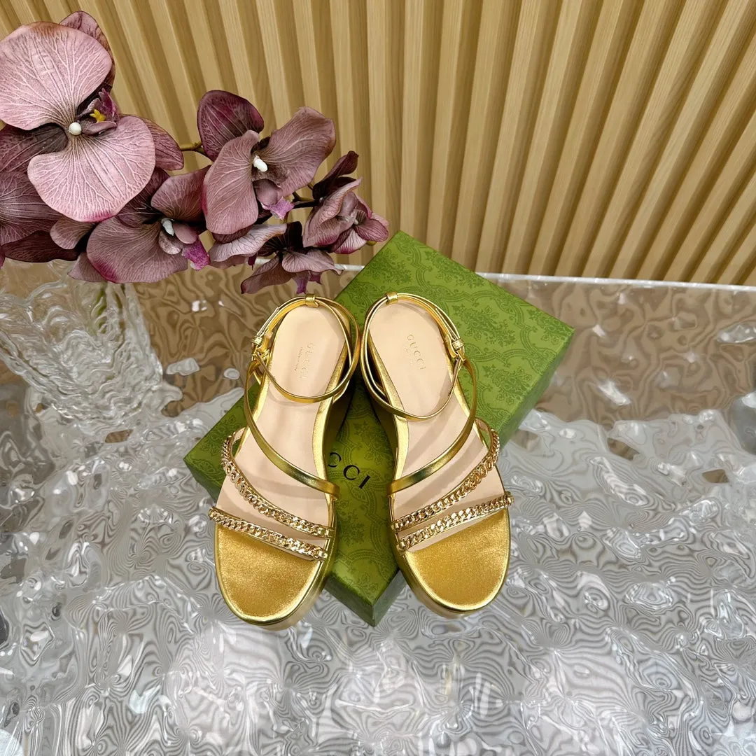 GG PLATFORM SANDAL METALLIC GOLD CALFSKIN WITH CHAINS