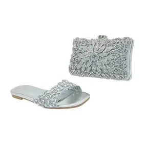 Meilee Embellished Flat Sandal and Floral Rhinestone Clutch Bag Set