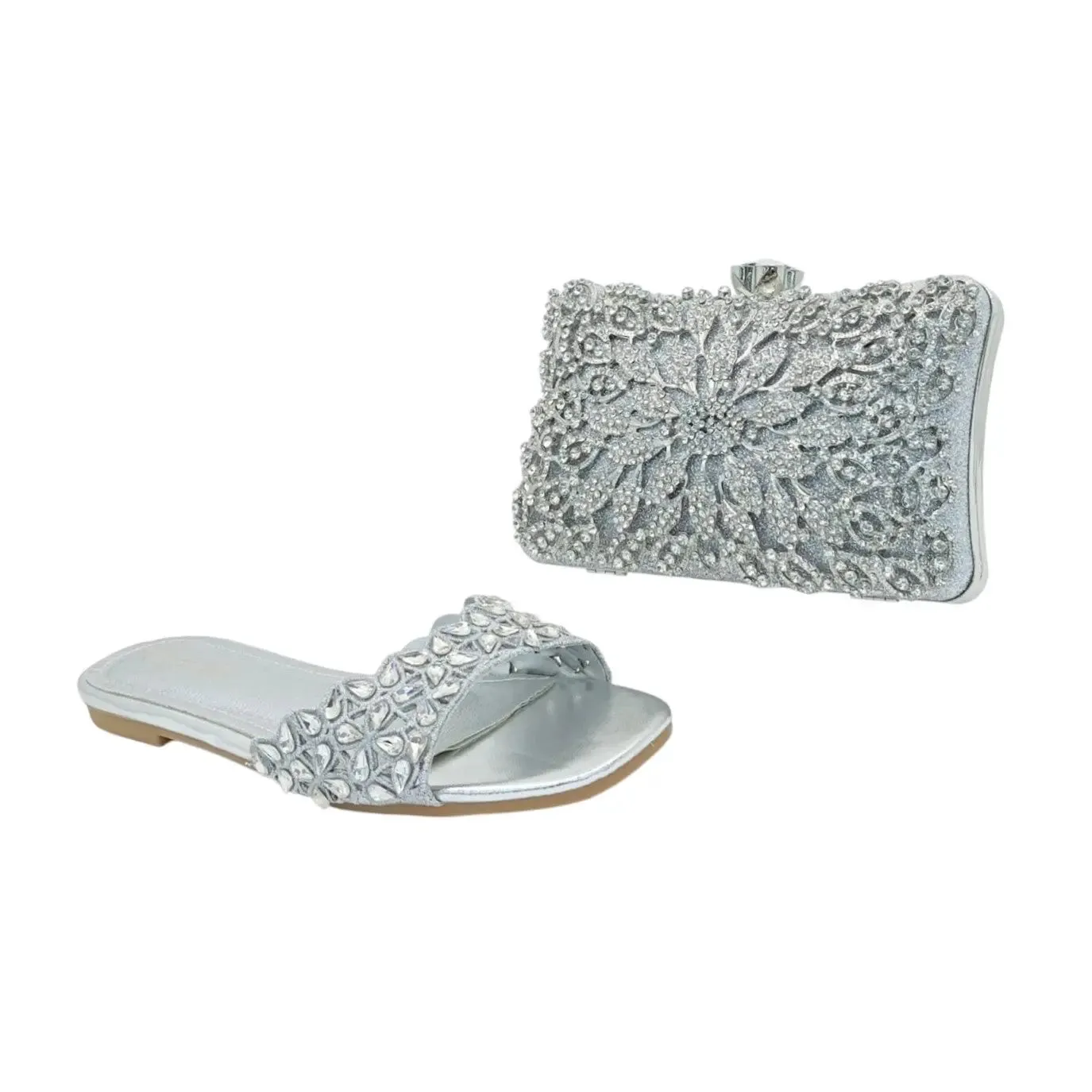 Meilee Embellished Flat Sandal and Floral Rhinestone Clutch Bag Set