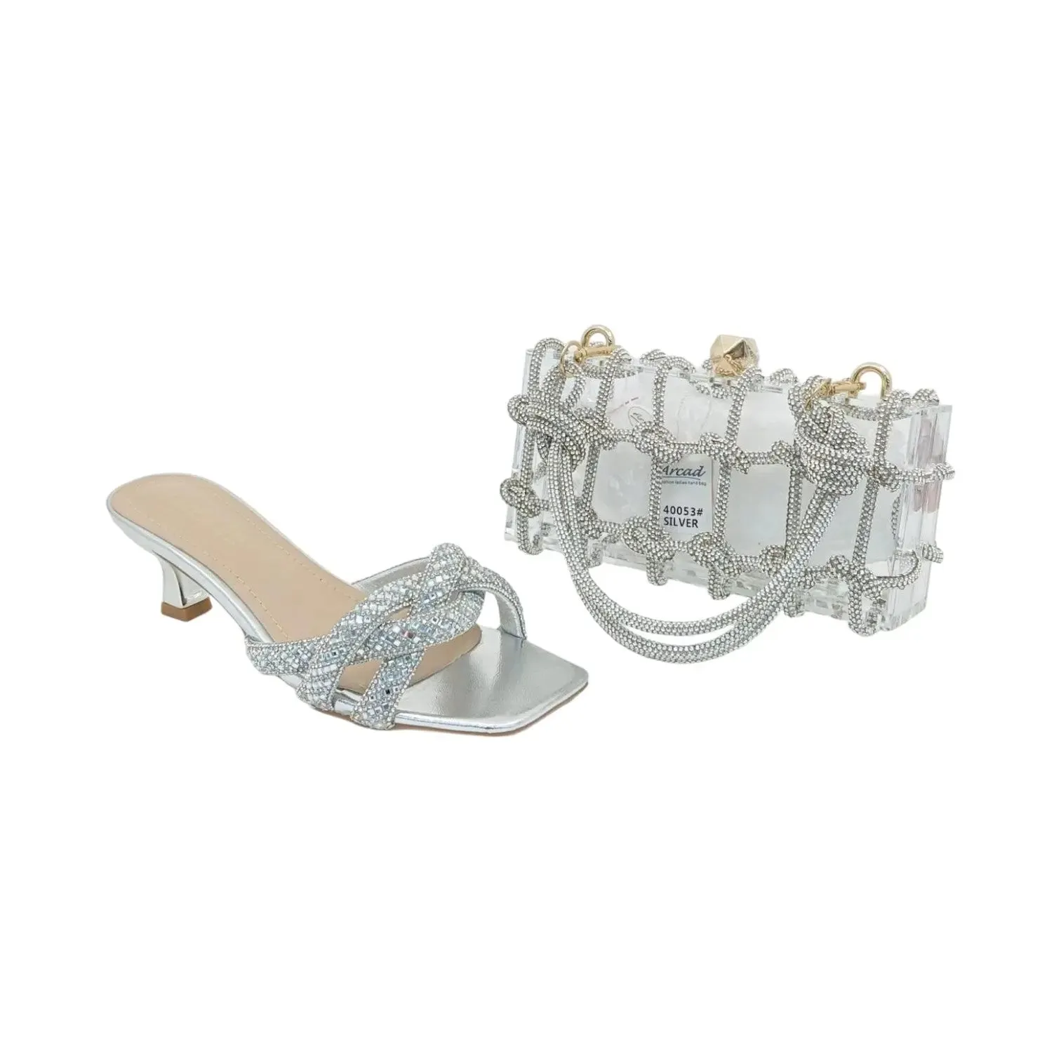 Meilee Rhinestone Mule Heels and Acrylic Handbag Set