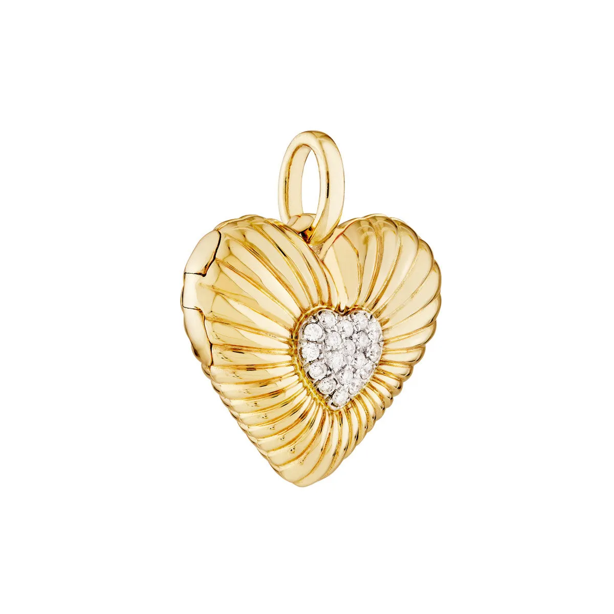 Pave Diamond Fluted Heart Locket Pendant - 14K Yellow & White Gold (1/15tcw) - by Dazyle