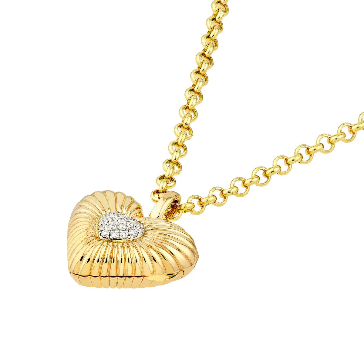 Pave Diamond Fluted Heart Locket Pendant - 14K Yellow & White Gold (1/15tcw) - by Dazyle