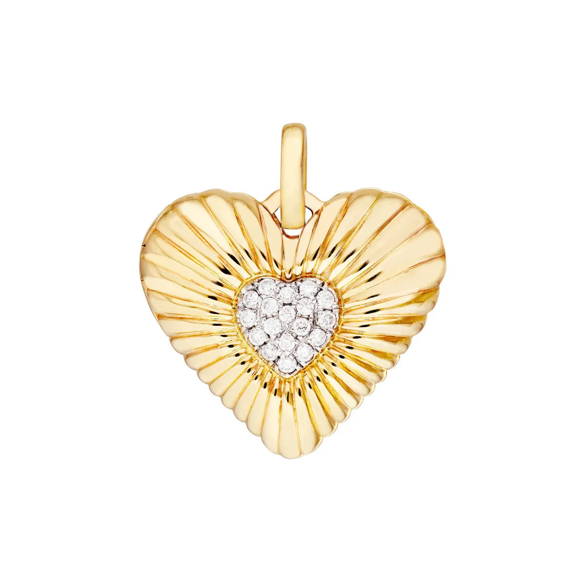 Pave Diamond Fluted Heart Locket Pendant - 14K Yellow & White Gold (1/15tcw) - by Dazyle