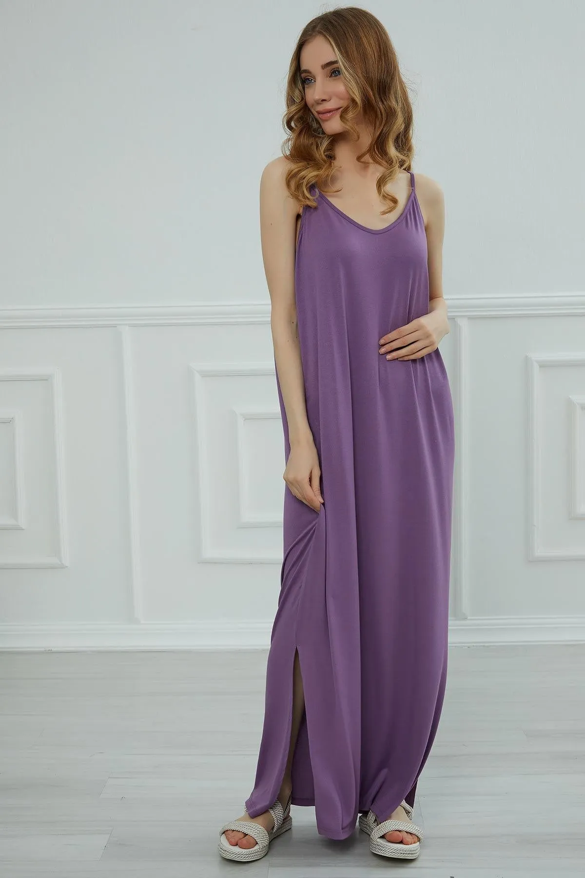 Women Side Split Casual Pullover Cotton Women Summer Strappy Maxi Dress Casual Loose Long Dress with Shoulder Straps for Women,ELB-6