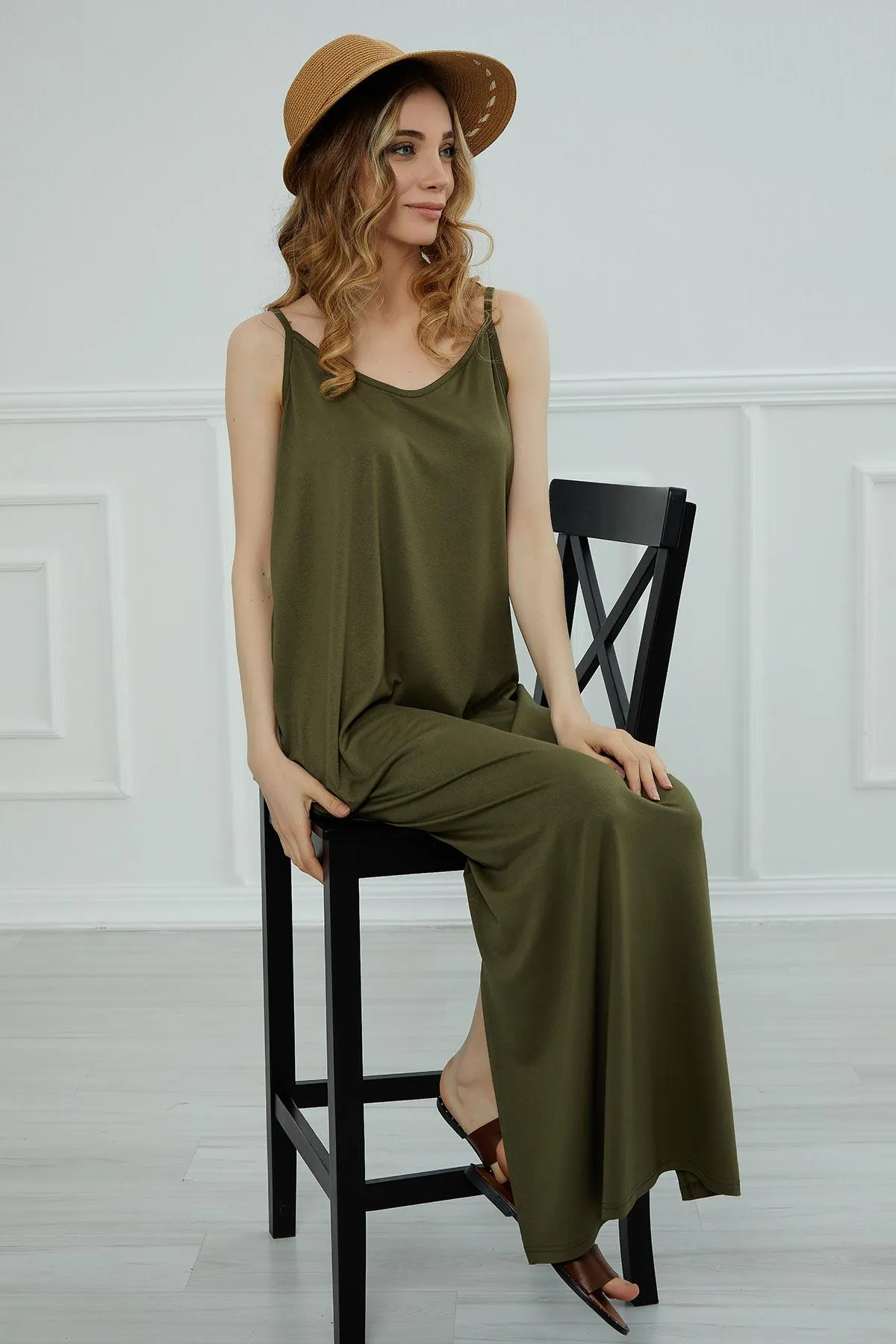 Women Side Split Casual Pullover Cotton Women Summer Strappy Maxi Dress Casual Loose Long Dress with Shoulder Straps for Women,ELB-6