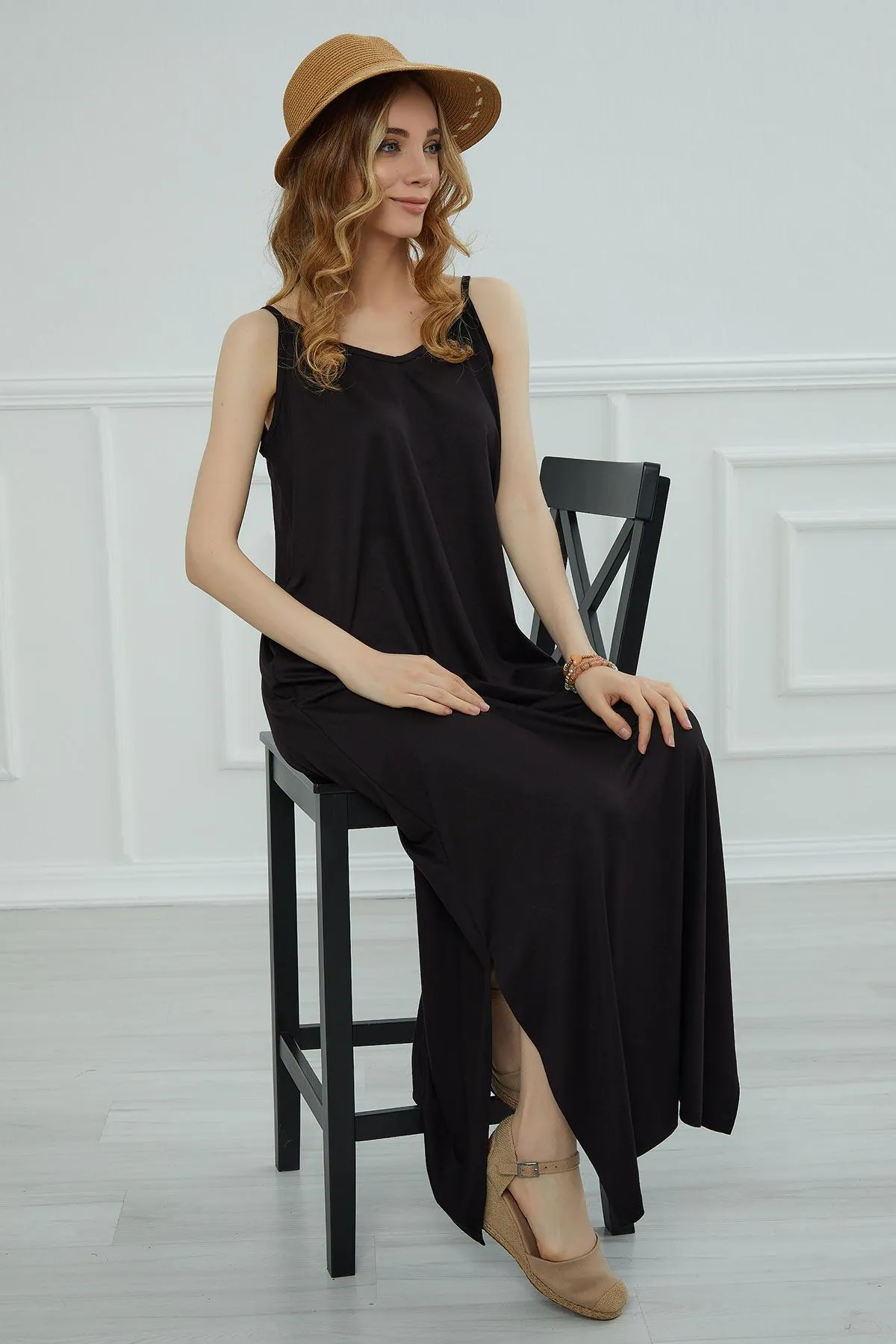 Women Side Split Casual Pullover Cotton Women Summer Strappy Maxi Dress Casual Loose Long Dress with Shoulder Straps for Women,ELB-6