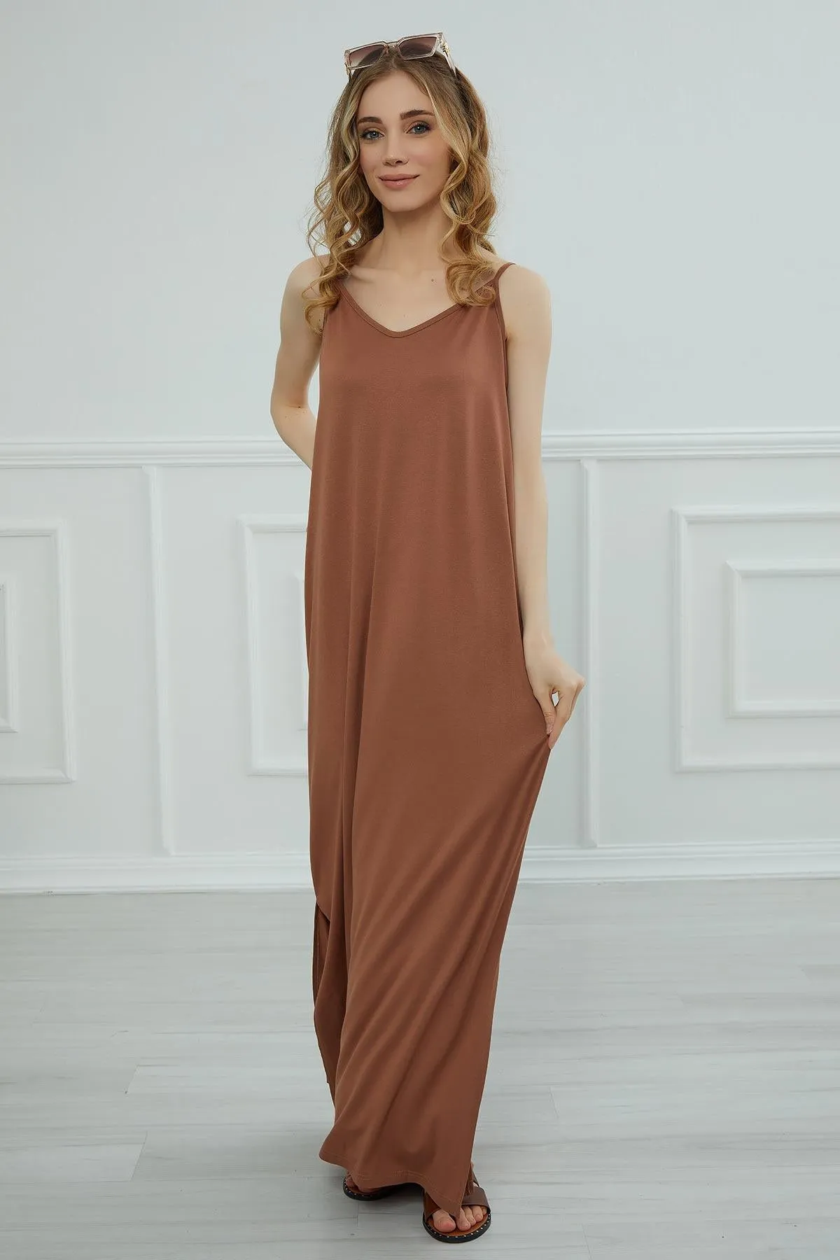 Women Side Split Casual Pullover Cotton Women Summer Strappy Maxi Dress Casual Loose Long Dress with Shoulder Straps for Women,ELB-6