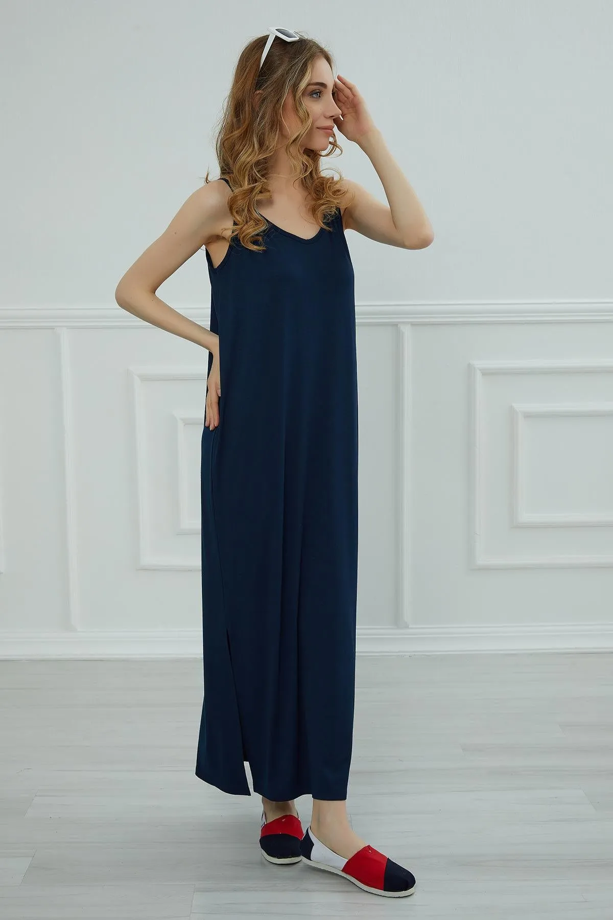 Women Side Split Casual Pullover Cotton Women Summer Strappy Maxi Dress Casual Loose Long Dress with Shoulder Straps for Women,ELB-6